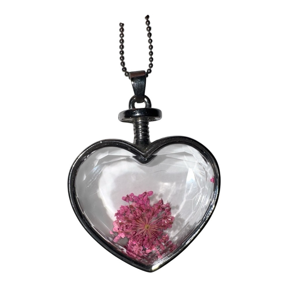 Silver Heart Locket Necklace with Pink Flower - Picture 3 of 4